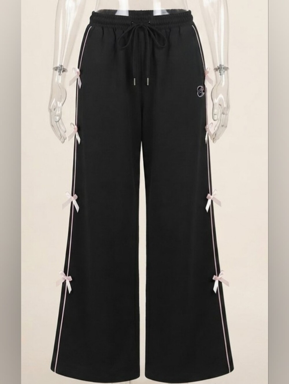 Dazy Black Wide Leg Track Pants with Pink Bow Side Accents